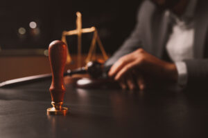 A judge hearing a case in a courtroom