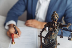 A solicitor working on a legal glossary for his client at a desk with a statue of Lady Justice in the foreground
